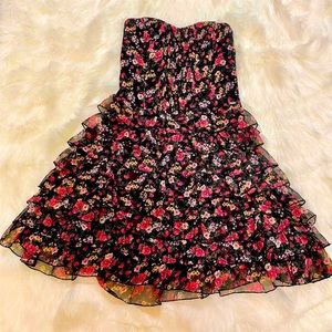 Floral Strapless Ruffle Fitted Cocktail Dress